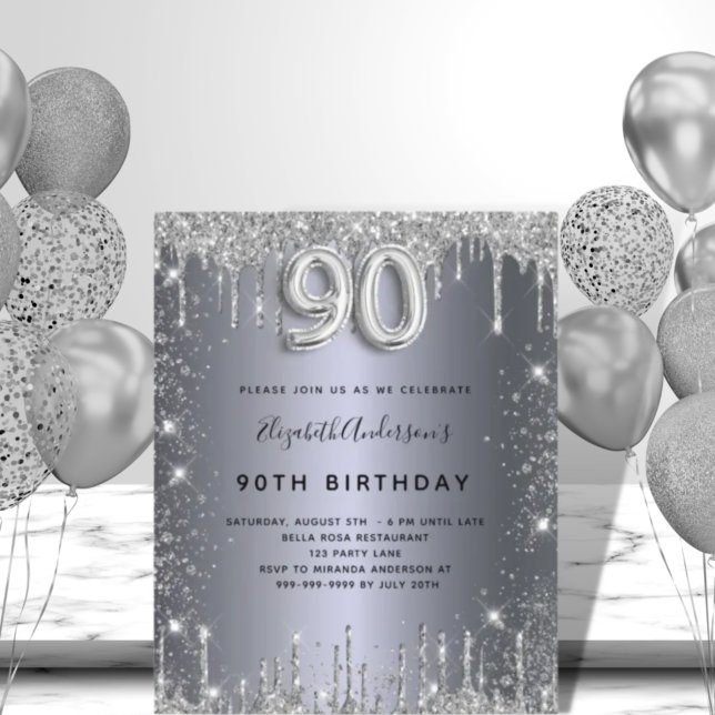Budget 90th birthday silver glitter invitation (Creator Uploaded)
