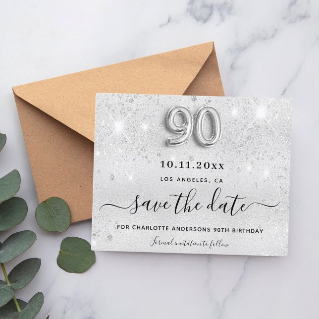 Budget 90th birthday silver glitter save the date (Creator Uploaded)