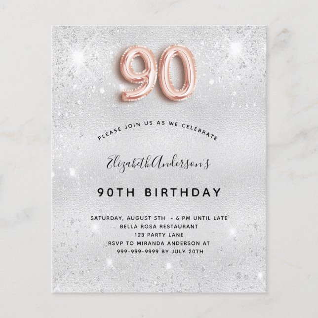 Budget 90th birthday silver rose gold invitation (Front)