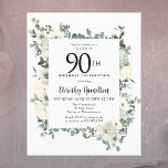 Budget 90th Birthday White Floral Invitation<br><div class="desc">Elegant 90th birthday party invitation features a botanical frame of white flowers and deep green leaves. The birthday person's name is written in a traditional script text. All of the text can be easily edited to create just the right celebratory tone.</div>