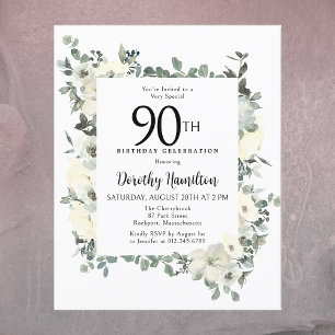 Budget 90th Birthday White Floral Invitation
