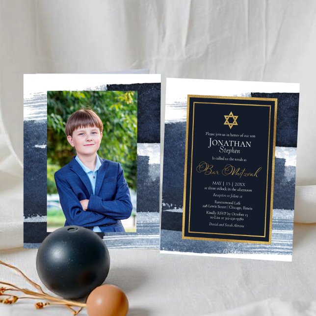 Budget Abstract Blue Gilded Photo Bar Mitzvah (Creator Uploaded)