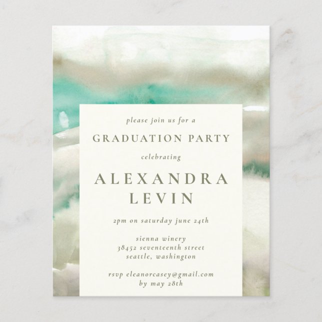 Budget Abstract Green Watercolor Graduation Party (Front)