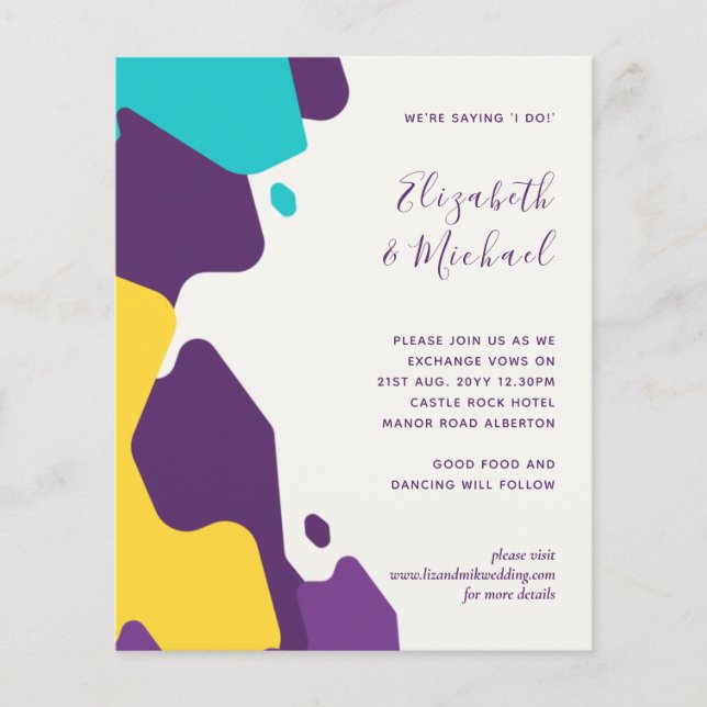 Budget Abstract Purple Teal Yellow Wedding Invites (Front)