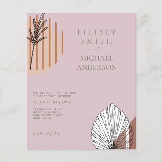 BUDGET Abstract Sage Pink Pampas Wedding Flyer (Front)