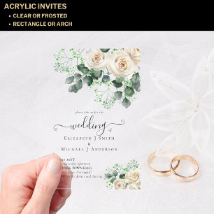 BUDGET Acrylic Clear Wedding White Roses Greenery Invitations
