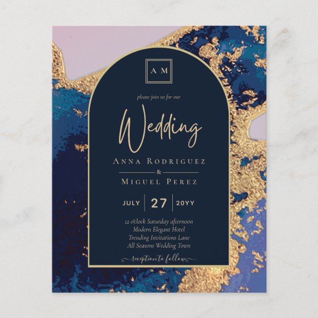 Budget Agate Blue Gold Wedding Invite QR Code RSVP (Front)