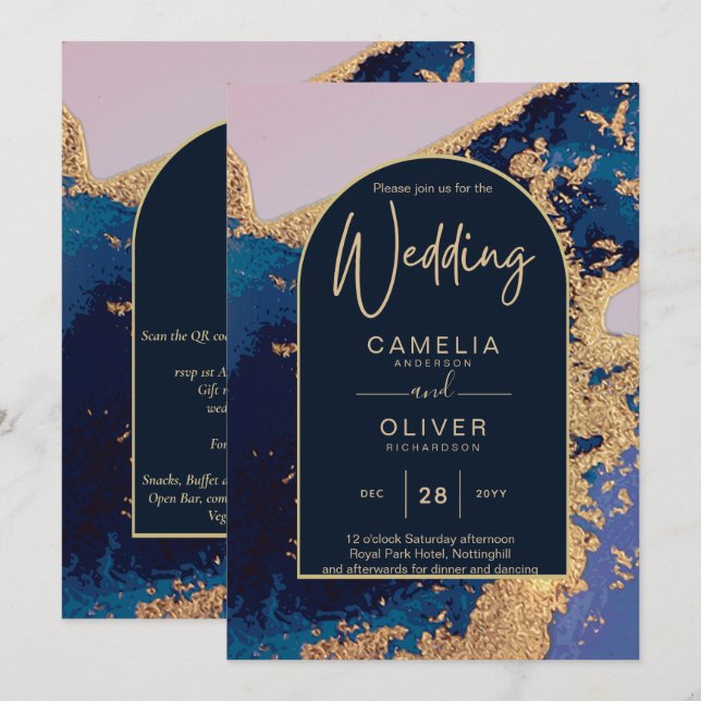 Budget Agate Blue Gold Wedding Invite QR Code RSVP (Front/Back)
