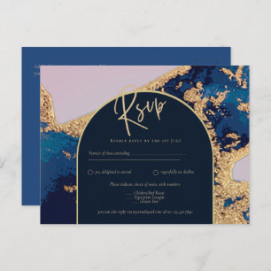 Budget Agate Blue Gold Wedding Invite QR Code RSVP Postcard