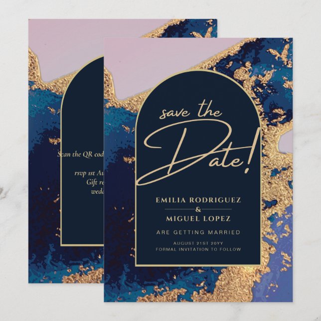 Budget Agate Blue Gold Wedding Save the Dates Invitation (Front/Back)