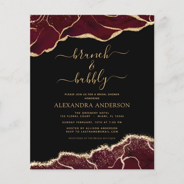 Budget Agate Burgundy Gold Brunch & Bubbly Flyer (Front)