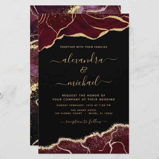 Budget Agate Burgundy Gold Wedding Invitation (Front/Back)