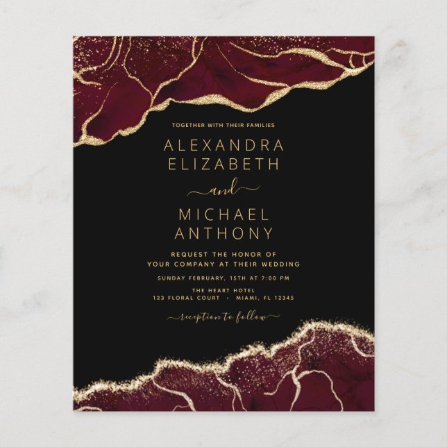 Budget Agate Burgundy Gold Wedding Invitation Flyer (Front)