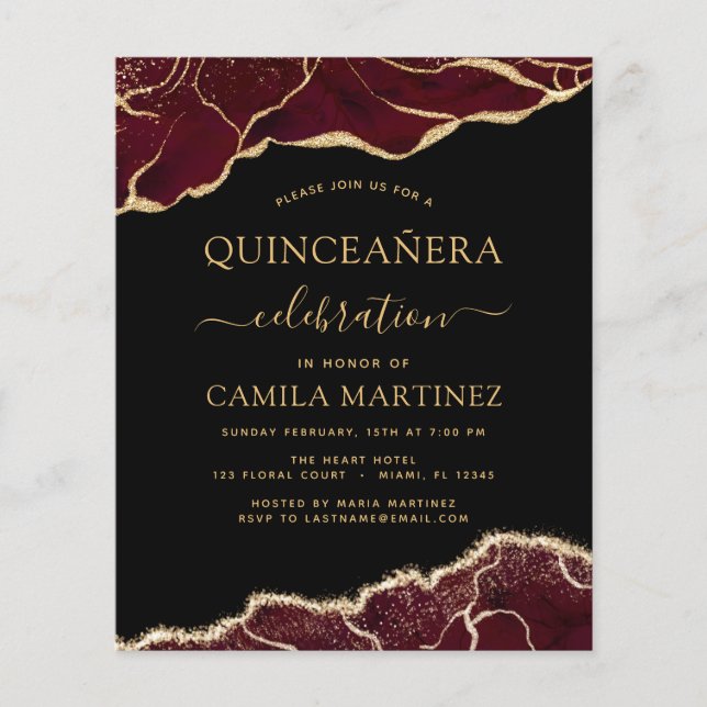 Budget Agate Burgundy Quinceañera Gold 15th Flyer (Front)