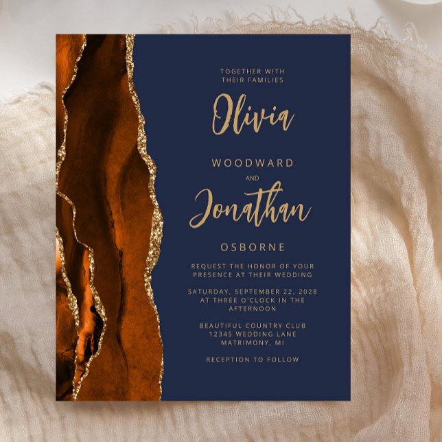 Budget Agate Burnt Orange Navy Blue Wedding Invite (Creator Uploaded)
