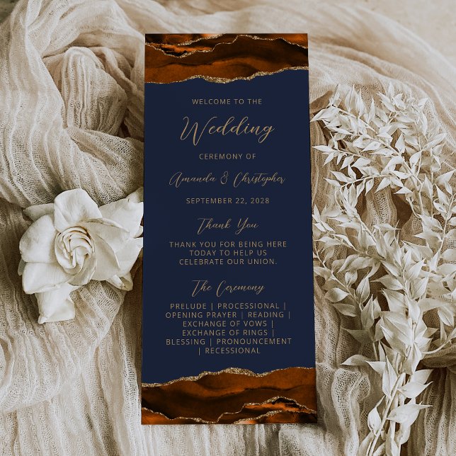 Budget Agate Burnt Orange Navy Wedding Program Rack Card (Creator Uploaded)