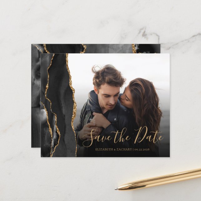 Budget Agate Geode Black Gold Photo Save the Date (Front/Back In Situ)