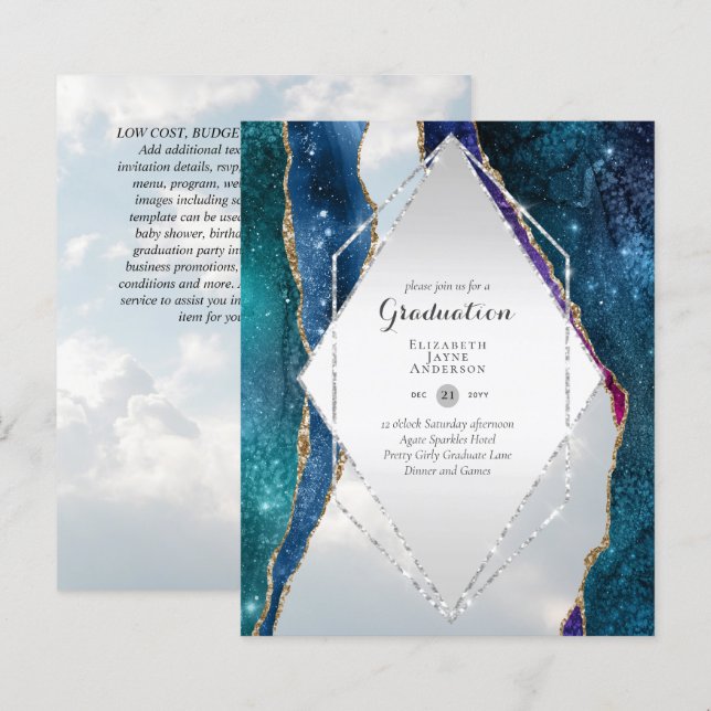 BUDGET Agate GRADUATION Party Invites Glitter Glam (Front/Back)