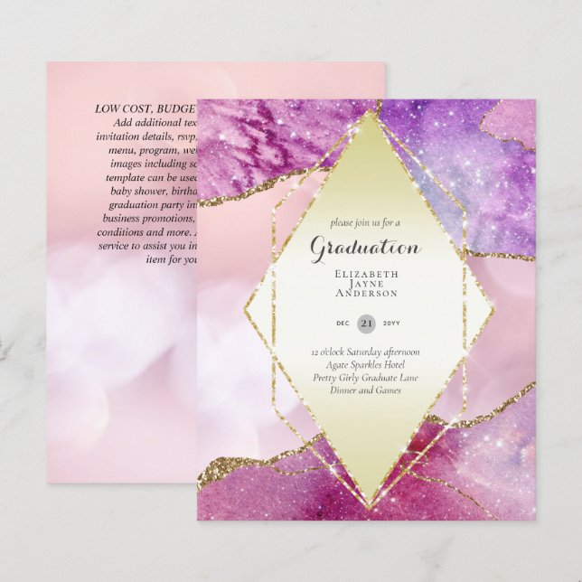 BUDGET Agate GRADUATION Party Invites Glitter Glam (Front/Back)