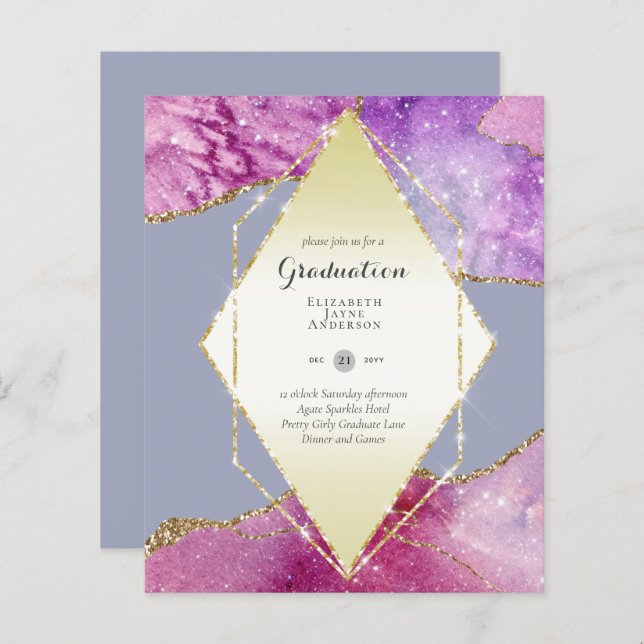 BUDGET Agate GRADUATION Party Invites Glitter Glam (Front/Back)
