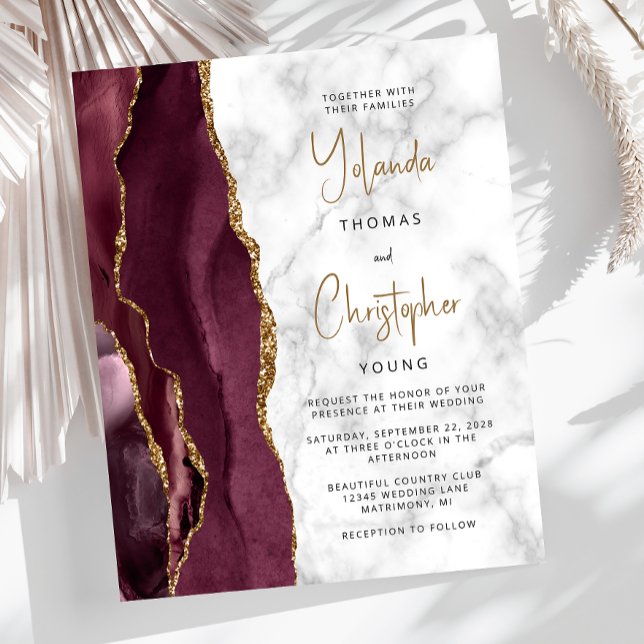 Budget Agate Marble Burgundy Gold Wedding Invite (Creator Uploaded)
