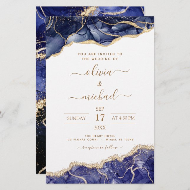 Budget Agate Navy Blue Gold Blue Wedding (Front/Back)