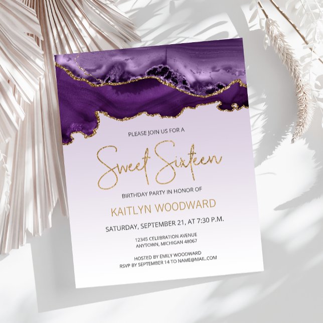 Budget Agate Purple Ombre Gold Sweet 16 Invitation (Creator Uploaded)