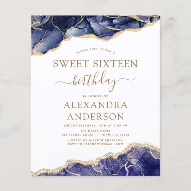 Budget Agate Sweet 16  Navy Blue Gold Flyer (Front)