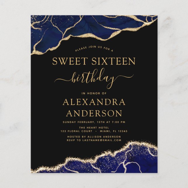 Budget Agate Sweet 16  Navy Blue Gold Flyer (Front)