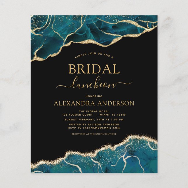 Budget Agate Teal Gold Bridal Shower Luncheon Flyer (Front)