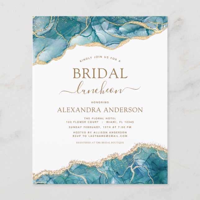 Budget Agate Teal Gold Bridal Shower Luncheon Flyer (Front)