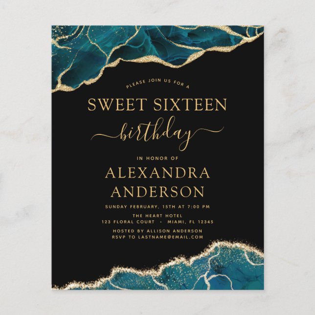 Budget Agate Turquoise Sweet 16 Teal Gold Flyer (Front)