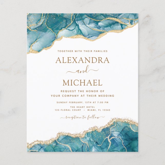 Budget Agate Turquoise Teal Gold Wedding Flyer (Front)