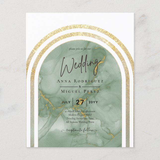BUDGET All-in1 Gold Green Sage Marble Arch Wedding Flyer (Front)
