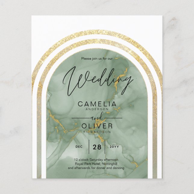 BUDGET All-in1 Gold Green Sage Marble Arch Wedding Flyer (Front)