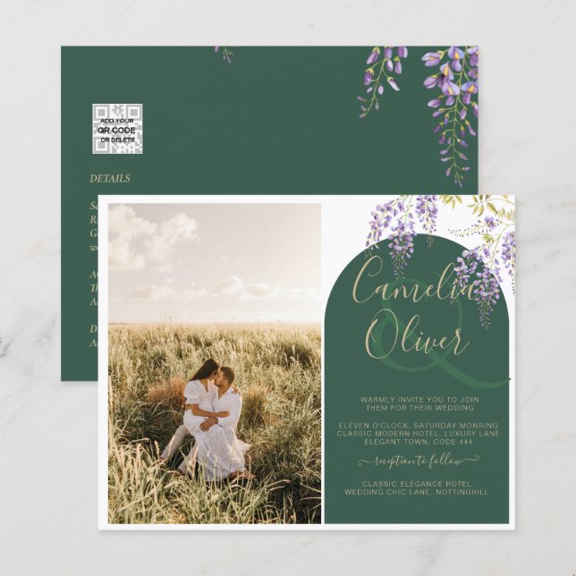 Budget All-in1 PHOTO Wedding Wisteria QR Code INV (Front/Back)
