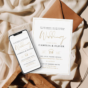 BUDGET All-in-1 Classic Gold Text White Wedding Fl Invitation