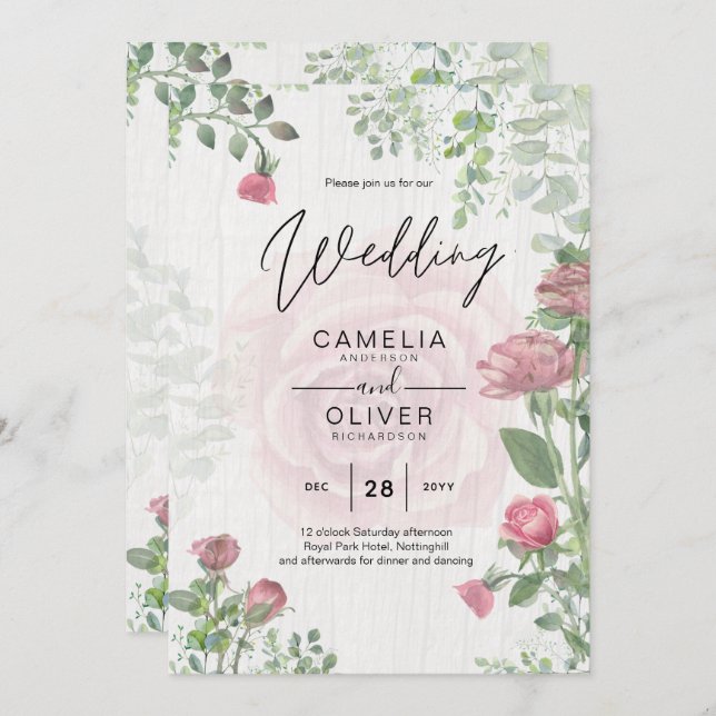 Budget All-in-1 Dusty Pink Roses Floral Wedding Invitation (Front/Back)