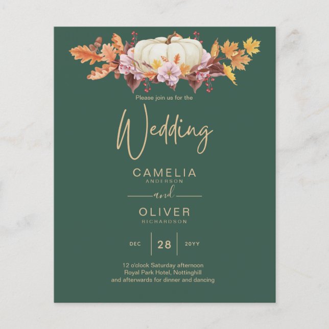 BUDGET All-in-1 Fall Pumpkin Green Gold Wedding Flyer (Front)