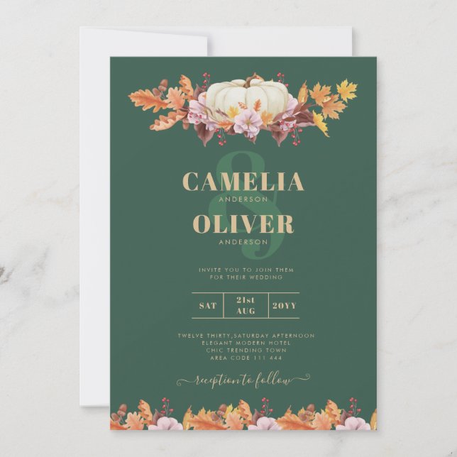 BUDGET All-in-1 Fall Pumpkin Green Gold Wedding Invitation (Front)