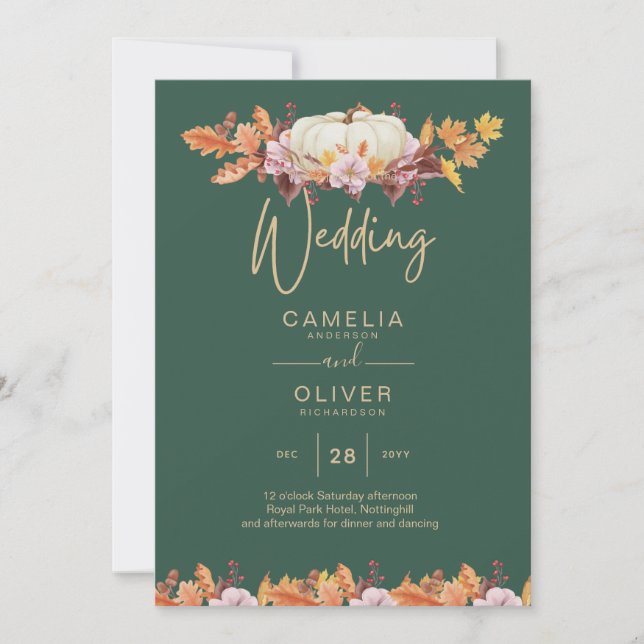 BUDGET All-in-1 Fall Pumpkin Green Gold Wedding Invitation (Front)