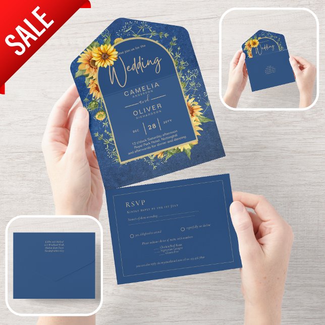 BUDGET All-in-1 Rustic Sunflowers BLUE Wedding All In One Invitation (Creator Uploaded)