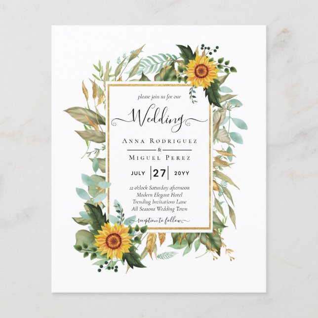 BUDGET All-in-1 Rustic Sunflowers Greenery Wedding Flyer (Front)