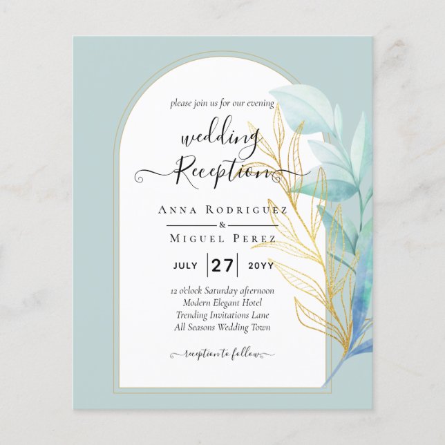 BUDGET All-in-1 Sea Glass Gold Leaf Sage Wedding Flyer (Front)