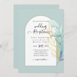 BUDGET All-in-1 Sea Glass Gold Leaf Sage Wedding Invitation