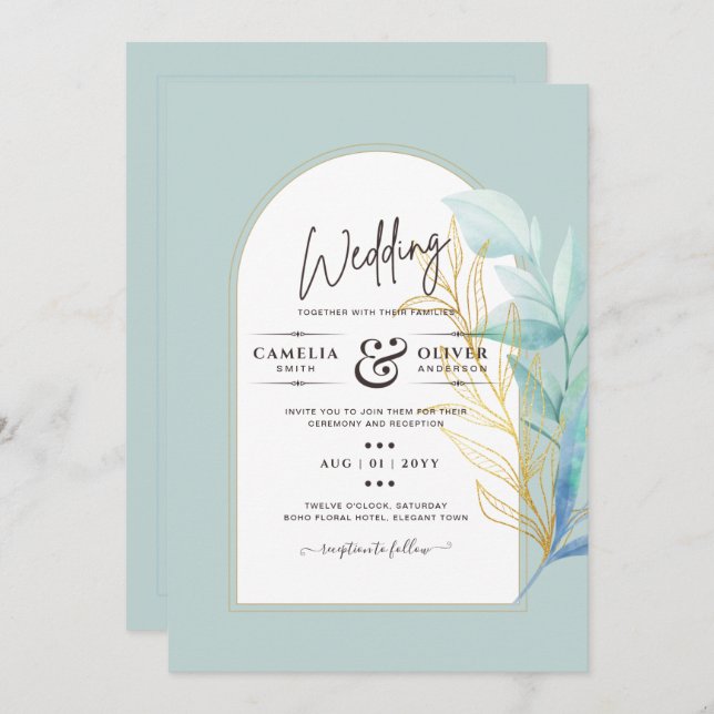 BUDGET All-in-1 Sea Glass Gold Leaf Sage Wedding Invitation (Front/Back)