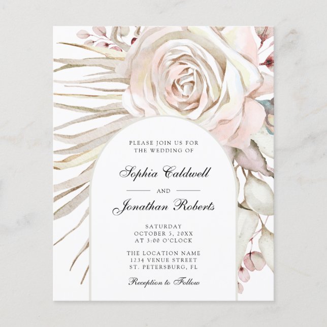 Budget All in One Boho Pink Rose Wedding Invite (Front)