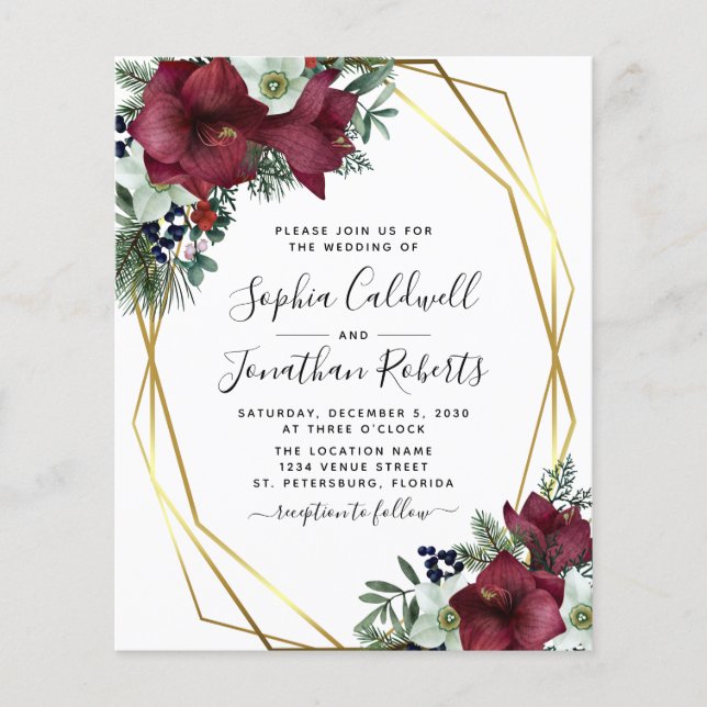 Budget All in One Burgundy Floral Wedding Invite (Front)