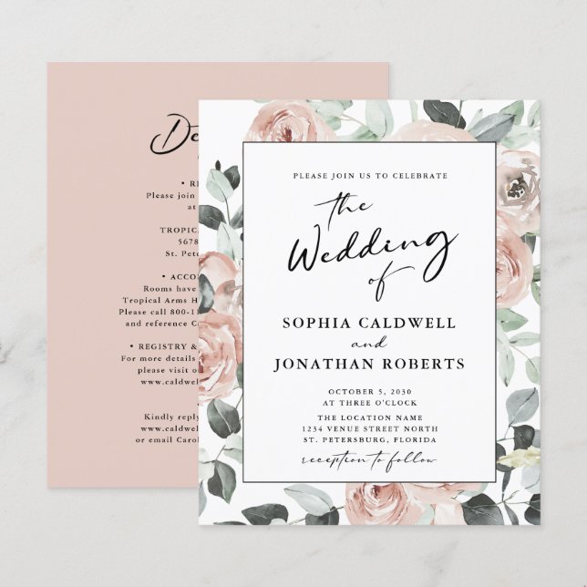 Budget All in One Calligraphy Roses Wedding Invite (Front/Back)