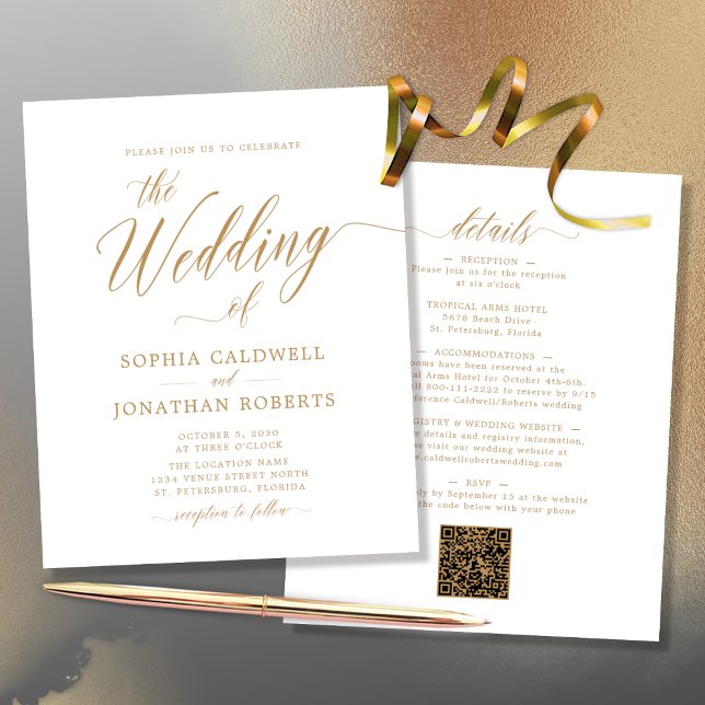 Budget All in One Gold Calligraphy Wedding Invite (Budget All in One QR Code Gold Calligraphy Double Sided Wedding Invitation)